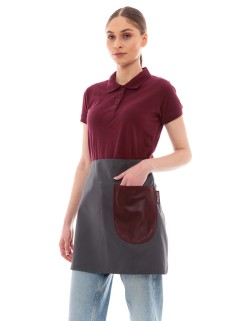 Γκρι Ποδιά Unisex Barista Κοντή - Από Καμβά Ύφασμα & Μπορντό Στρογγυλή Vegan Leather Τσέπη