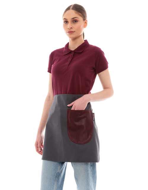 Γκρι Ποδιά Unisex Barista Κοντή - Από Καμβά Ύφασμα & Μπορντό Στρογγυλή Vegan Leather Τσέπη