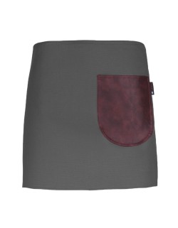 Γκρι Ποδιά Unisex Barista Κοντή - Από Καμβά Ύφασμα & Μπορντό Στρογγυλή Vegan Leather Τσέπη