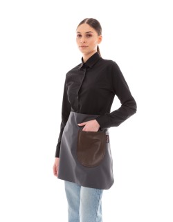 Γκρι Ποδιά Unisex Barista Κοντή - Από Καμβά Ύφασμα & Καφέ Στρογγυλή Vegan Leather Τσέπη