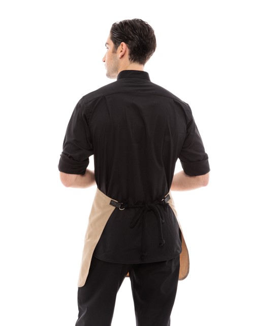 Μπεζ Ποδιά Unisex Barista Κοντή - Από Καμβά Ύφασμα & Μαύρη Μάρσιπο Vegan Leather Τσέπη