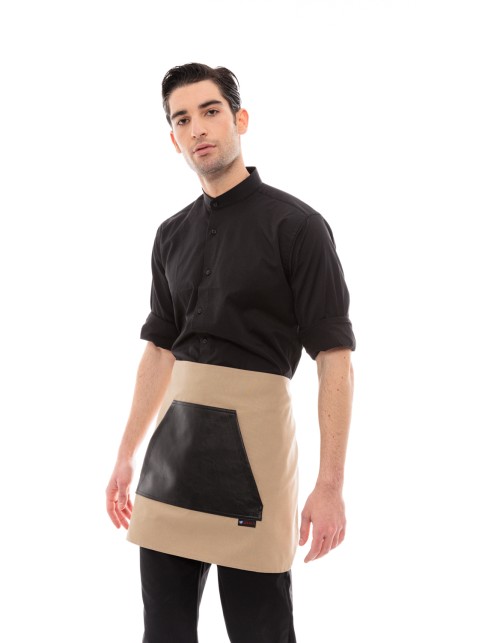 Μπεζ Ποδιά Unisex Barista Κοντή - Από Καμβά Ύφασμα & Μαύρη Μάρσιπο Vegan Leather Τσέπη