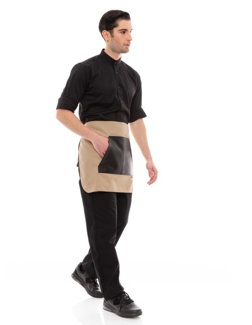 Μπεζ Ποδιά Unisex Barista Κοντή - Από Καμβά Ύφασμα & Μαύρη Μάρσιπο Vegan Leather Τσέπη