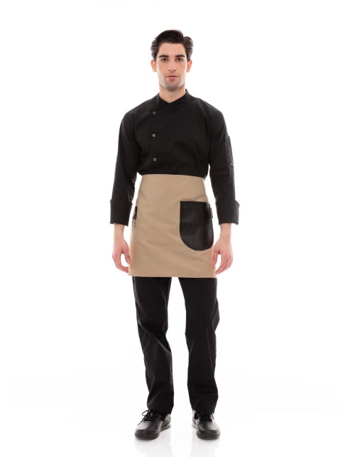 Μπεζ Ποδιά Unisex Barista Κοντή - Από Καμβά Ύφασμα & Μαύρη Στρογγυλή Vegan Leather Τσέπη