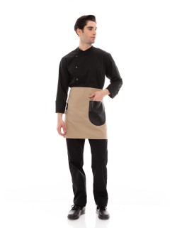 Μπεζ Ποδιά Unisex Barista Κοντή - Από Καμβά Ύφασμα & Μαύρη Στρογγυλή Vegan Leather Τσέπη