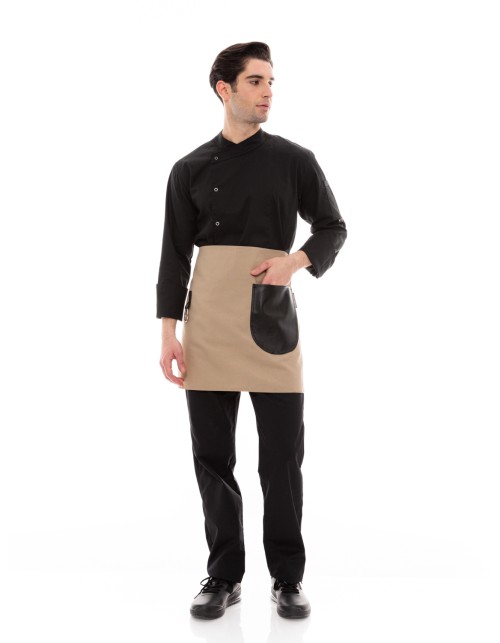 Μπεζ Ποδιά Unisex Barista Κοντή - Από Καμβά Ύφασμα & Μαύρη Στρογγυλή Vegan Leather Τσέπη