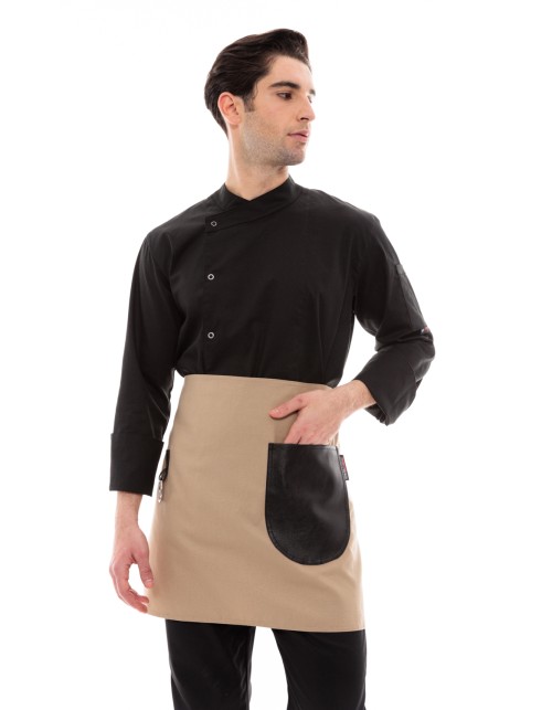 Μπεζ Ποδιά Unisex Barista Κοντή - Από Καμβά Ύφασμα & Μαύρη Στρογγυλή Vegan Leather Τσέπη