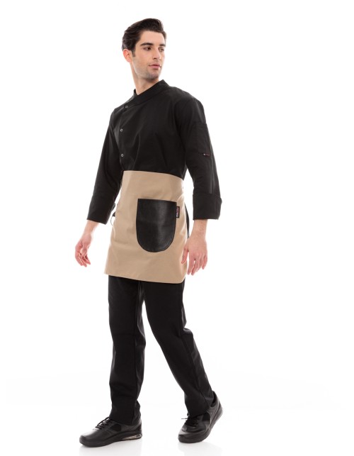 Μπεζ Ποδιά Unisex Barista Κοντή - Από Καμβά Ύφασμα & Μαύρη Στρογγυλή Vegan Leather Τσέπη