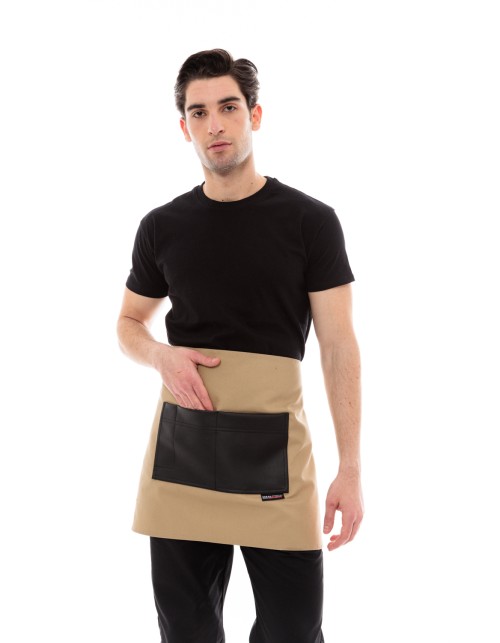 Μπεζ Ποδιά Unisex Barista Κοντή - Από Καμβά Ύφασμα & Μαύρη Τετράγωνη Vegan Leather Τσέπη