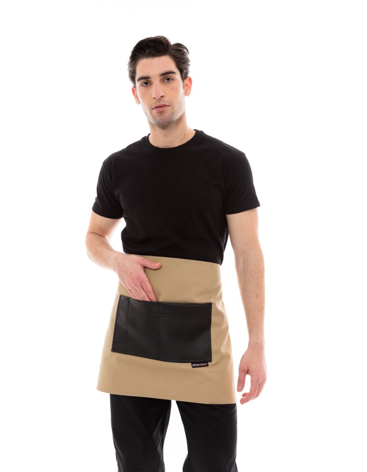 Μπεζ Ποδιά Unisex Barista Κοντή - Από Καμβά Ύφασμα & Μαύρη Τετράγωνη Vegan Leather Τσέπη