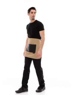 Μπεζ Ποδιά Unisex Barista Κοντή - Από Καμβά Ύφασμα & Μαύρη Τετράγωνη Vegan Leather Τσέπη