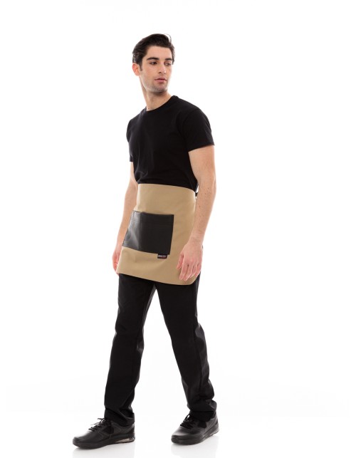 Μπεζ Ποδιά Unisex Barista Κοντή - Από Καμβά Ύφασμα & Μαύρη Τετράγωνη Vegan Leather Τσέπη