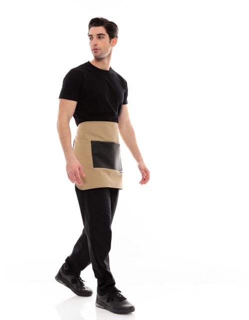 Μπεζ Ποδιά Unisex Barista Κοντή - Από Καμβά Ύφασμα & Μαύρη Τετράγωνη Vegan Leather Τσέπη