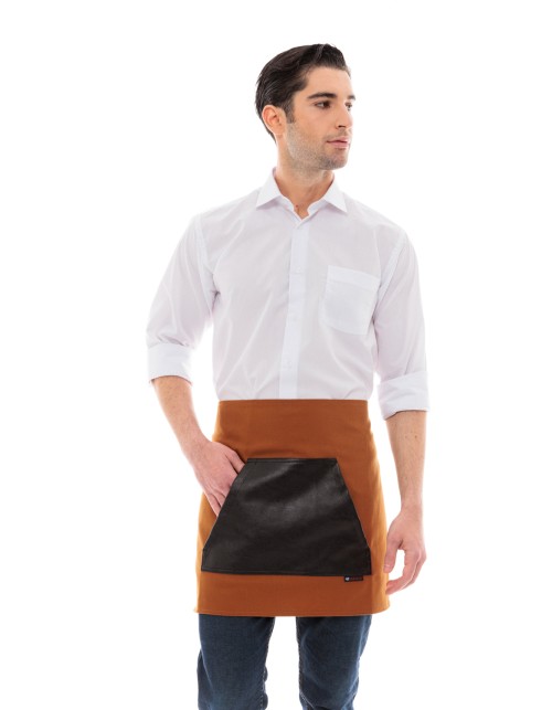 Κάμελ Ποδιά Unisex Barista Κοντή - Από Καμβά Ύφασμα & Μαύρη Μάρσιπο Vegan Leather Τσέπη