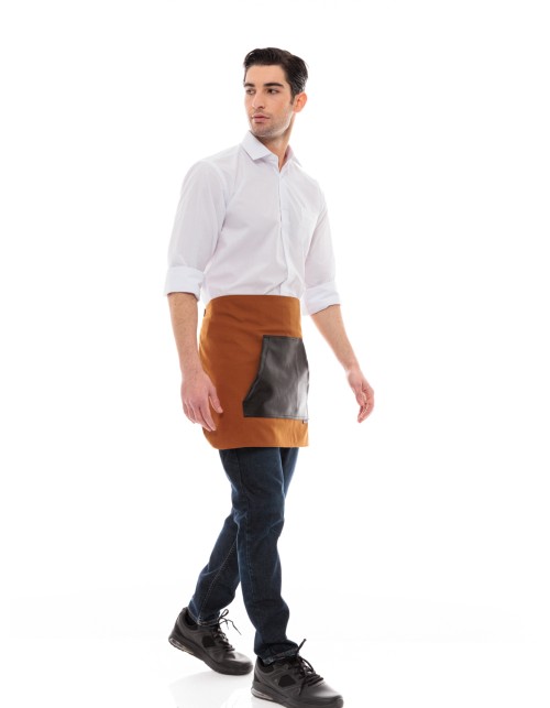 Κάμελ Ποδιά Unisex Barista Κοντή - Από Καμβά Ύφασμα & Μαύρη Μάρσιπο Vegan Leather Τσέπη