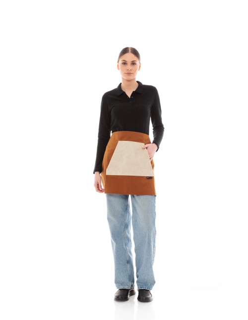 Κάμελ Ποδιά Unisex Barista Κοντή - Από Καμβά Ύφασμα & Μπεζ Μάρσιπο Vegan Leather Τσέπη