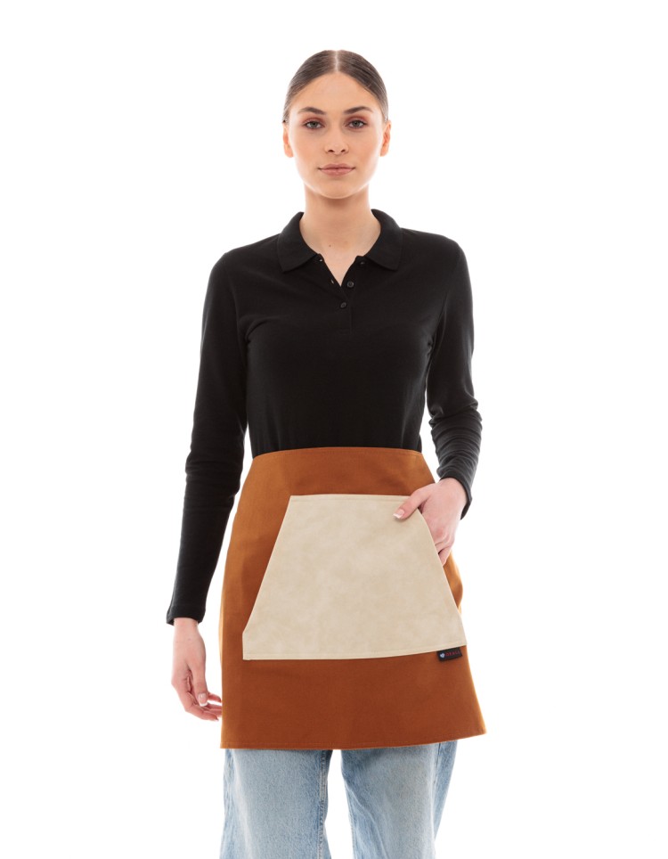 Κάμελ Ποδιά Unisex Barista Κοντή - Από Καμβά Ύφασμα & Μπεζ Μάρσιπο Vegan Leather Τσέπη