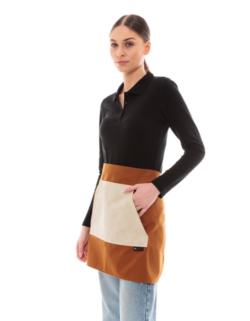 Κάμελ Ποδιά Unisex Barista Κοντή - Από Καμβά Ύφασμα & Μπεζ Μάρσιπο Vegan Leather Τσέπη