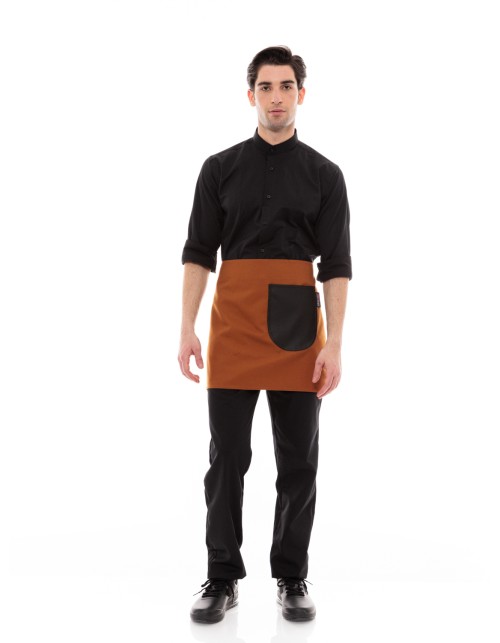 Κάμελ Ποδιά Unisex Barista Κοντή - Από Καμβά Ύφασμα & Μαύρη Στρογγυλή Vegan Leather Τσέπη