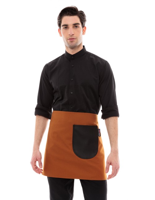 Κάμελ Ποδιά Unisex Barista Κοντή - Από Καμβά Ύφασμα & Μαύρη Στρογγυλή Vegan Leather Τσέπη