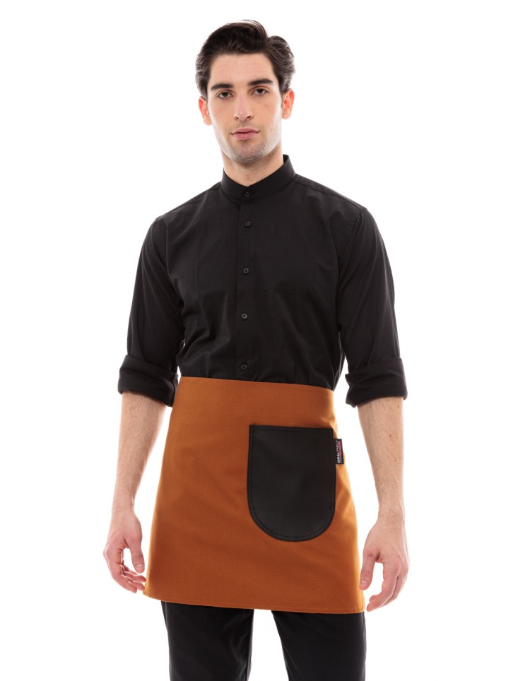 Κάμελ Ποδιά Unisex Barista Κοντή - Από Καμβά Ύφασμα & Μαύρη Στρογγυλή Vegan Leather Τσέπη