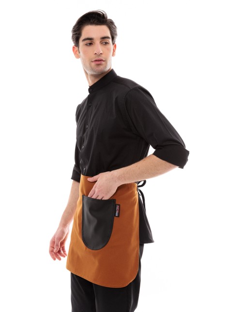 Κάμελ Ποδιά Unisex Barista Κοντή - Από Καμβά Ύφασμα & Μαύρη Στρογγυλή Vegan Leather Τσέπη