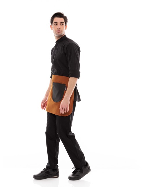 Κάμελ Ποδιά Unisex Barista Κοντή - Από Καμβά Ύφασμα & Μαύρη Στρογγυλή Vegan Leather Τσέπη