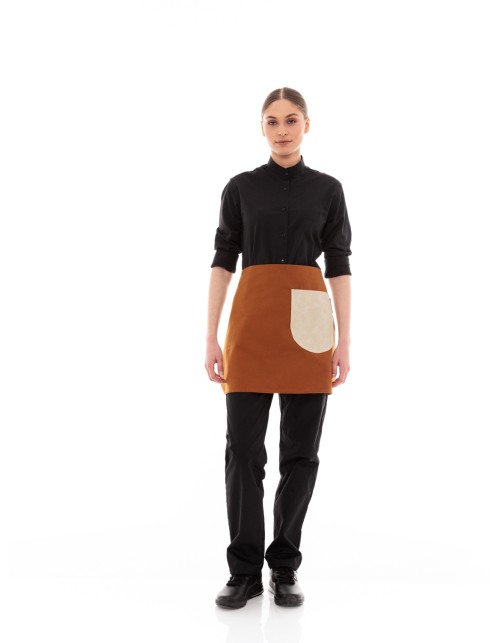 Κάμελ Ποδιά Unisex Barista Κοντή - Από Καμβά Ύφασμα & Μπεζ Στρογγυλή Vegan Leather Τσέπη