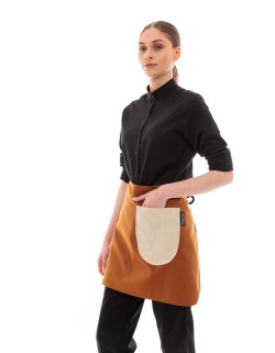 Κάμελ Ποδιά Unisex Barista Κοντή - Από Καμβά Ύφασμα & Μπεζ Στρογγυλή Vegan Leather Τσέπη