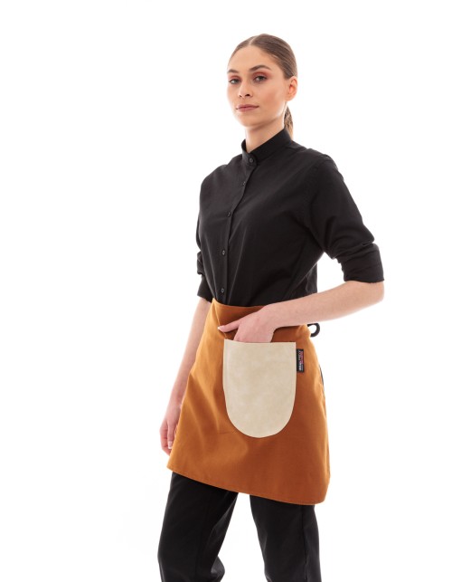 Κάμελ Ποδιά Unisex Barista Κοντή - Από Καμβά Ύφασμα & Μπεζ Στρογγυλή Vegan Leather Τσέπη