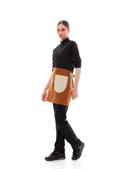 Κάμελ Ποδιά Unisex Barista Κοντή - Από Καμβά Ύφασμα & Μπεζ Στρογγυλή Vegan Leather Τσέπη