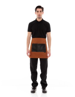 Κάμελ Ποδιά Unisex Barista Κοντή - Από Καμβά Ύφασμα & Μαύρη Τετράγωνη Vegan Leather Τσέπη