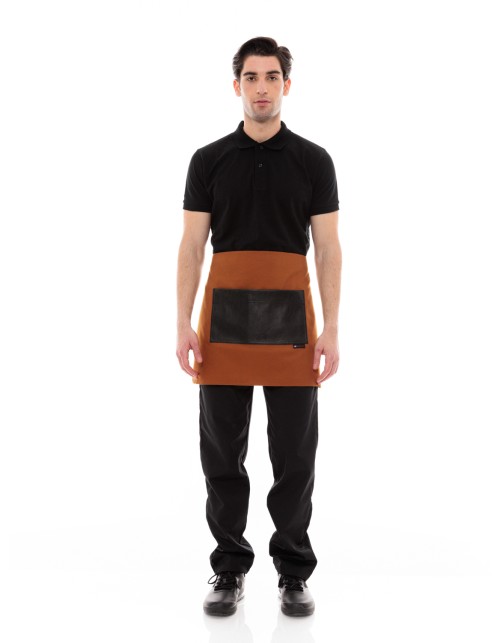 Κάμελ Ποδιά Unisex Barista Κοντή - Από Καμβά Ύφασμα & Μαύρη Τετράγωνη Vegan Leather Τσέπη