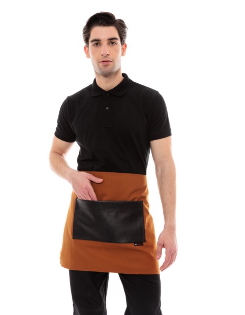 Κάμελ Ποδιά Unisex Barista Κοντή - Από Καμβά Ύφασμα & Μαύρη Τετράγωνη Vegan Leather Τσέπη
