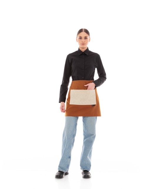 Κάμελ Ποδιά Unisex Barista Κοντή - Από Καμβά Ύφασμα & Μπεζ Τετράγωνη Vegan Leather Τσέπη