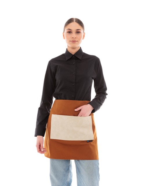 Κάμελ Ποδιά Unisex Barista Κοντή - Από Καμβά Ύφασμα & Μπεζ Τετράγωνη Vegan Leather Τσέπη