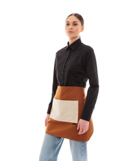 Κάμελ Ποδιά Unisex Barista Κοντή - Από Καμβά Ύφασμα & Μπεζ Τετράγωνη Vegan Leather Τσέπη