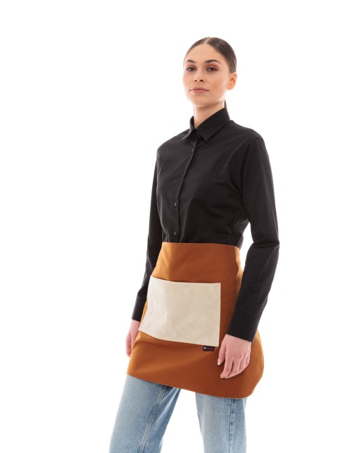 Κάμελ Ποδιά Unisex Barista Κοντή - Από Καμβά Ύφασμα & Μπεζ Τετράγωνη Vegan Leather Τσέπη
