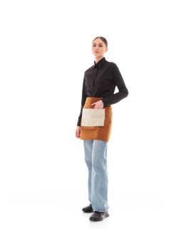 Κάμελ Ποδιά Unisex Barista Κοντή - Από Καμβά Ύφασμα & Μπεζ Τετράγωνη Vegan Leather Τσέπη