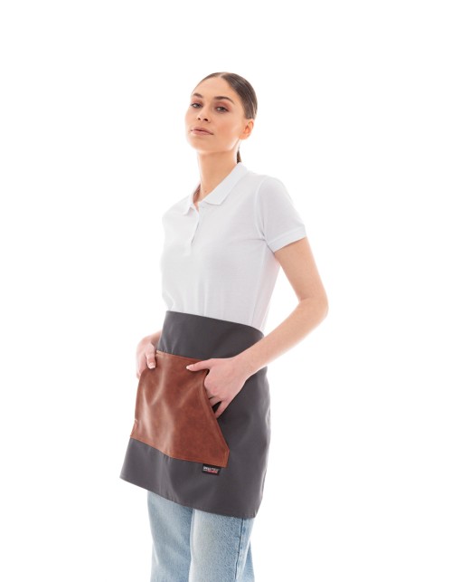 Γκρι Ποδιά Unisex Barista Κοντή - Από Καμβά Ύφασμα & Ταμπά Μάρσιπο Vegan Leather Τσέπη