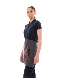Γκρι Ποδιά Unisex Barista Κοντή - Από Καμβά Ύφασμα & Μπορντό Μάρσιπο Vegan Leather Τσέπη