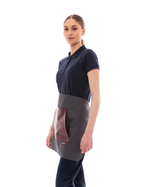 Γκρι Ποδιά Unisex Barista Κοντή - Από Καμβά Ύφασμα & Μπορντό Μάρσιπο Vegan Leather Τσέπη
