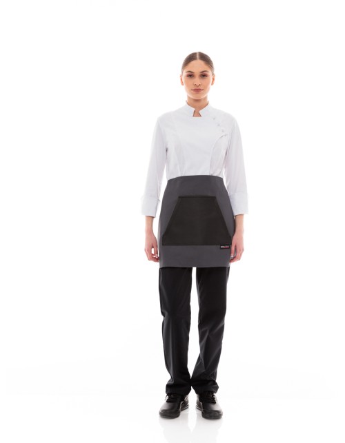 Γκρι Ποδιά Unisex Barista Κοντή - Από Καμβά Ύφασμα & Μαύρη Μάρσιπο Vegan Leather Τσέπη