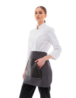 Γκρι Ποδιά Unisex Barista Κοντή - Από Καμβά Ύφασμα & Μαύρη Μάρσιπο Vegan Leather Τσέπη