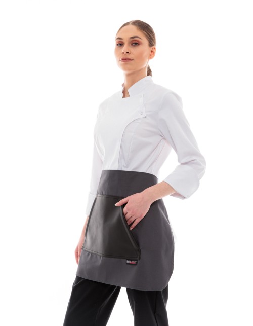 Γκρι Ποδιά Unisex Barista Κοντή - Από Καμβά Ύφασμα & Μαύρη Μάρσιπο Vegan Leather Τσέπη
