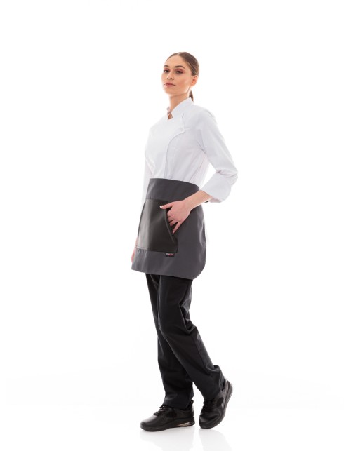 Γκρι Ποδιά Unisex Barista Κοντή - Από Καμβά Ύφασμα & Μαύρη Μάρσιπο Vegan Leather Τσέπη