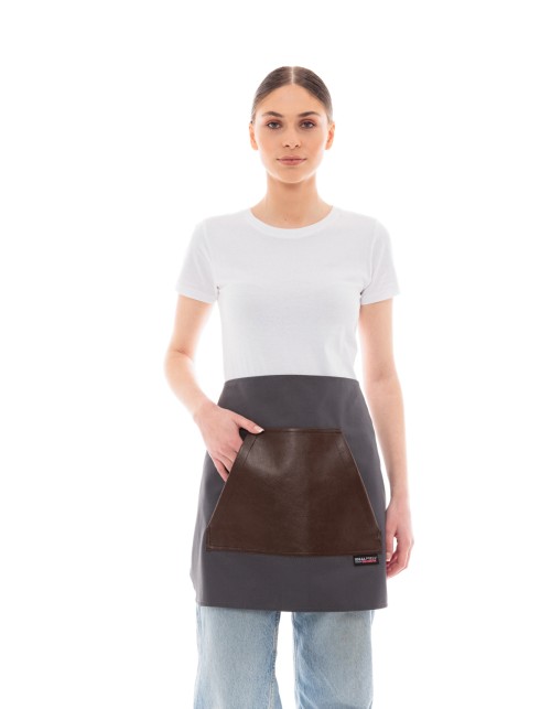 Γκρι Ποδιά Unisex Barista Κοντή - Από Καμβά Ύφασμα & Καφέ Μάρσιπο Vegan Leather Τσέπη