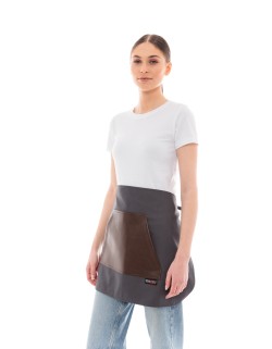 Γκρι Ποδιά Unisex Barista Κοντή - Από Καμβά Ύφασμα & Καφέ Μάρσιπο Vegan Leather Τσέπη