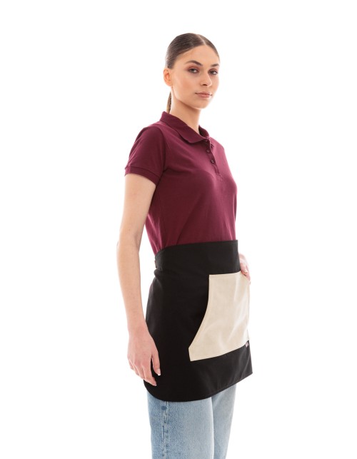 Μαύρη Ποδιά Unisex Barista Κοντή - Από Καμβά Ύφασμα & Μπεζ Μάρσιπο Vegan Leather Τσέπη