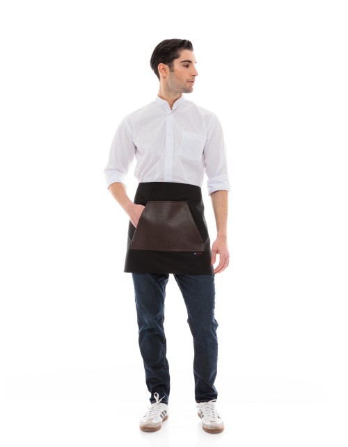 Μαύρη Ποδιά Unisex Barista Κοντή - Από Καμβά Ύφασμα & Καφέ Μάρσιπο Vegan Leather Τσέπη